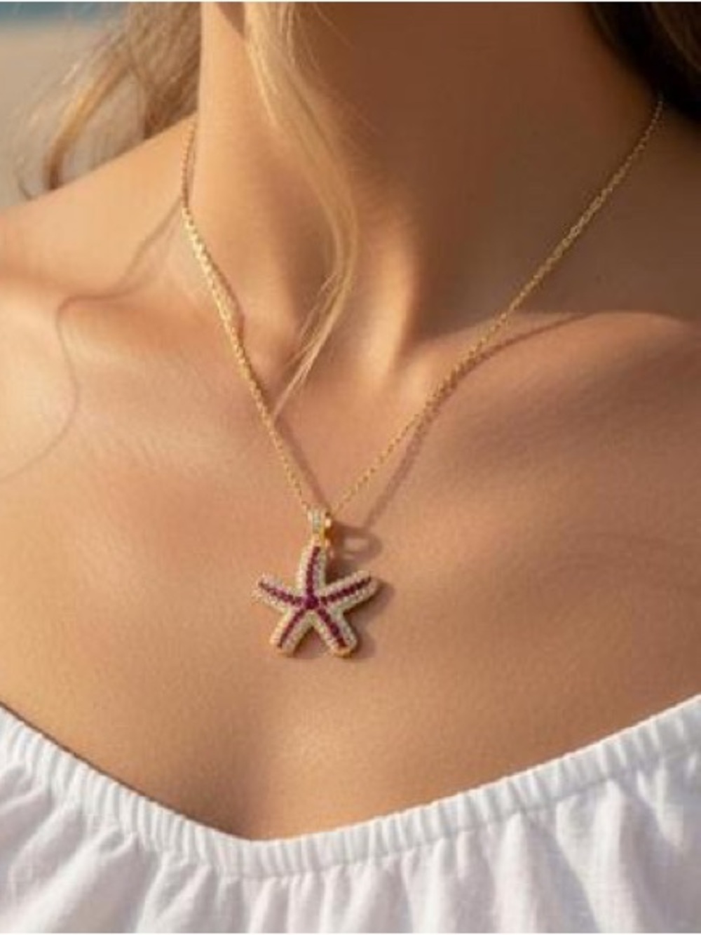 Anthropologie Gold Starfish Necklace with Pink and Clear Stones - Picture 5 of 6